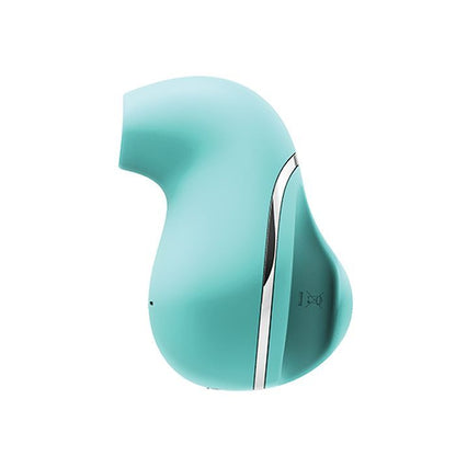 Up-right side view of the toy showing its finger hold and ergonomic curves (turquoise).