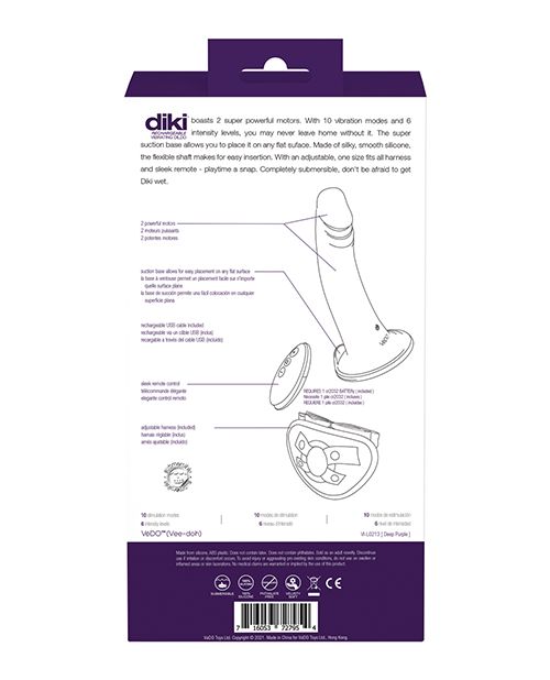 Back of the VeDO Diki box with illustrations of some of its features (purple).