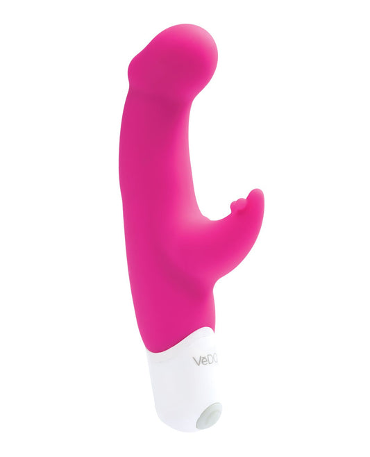 Joy vibe, side view showing its clitoral tickler and bulbous G-spot head (hot pink).
