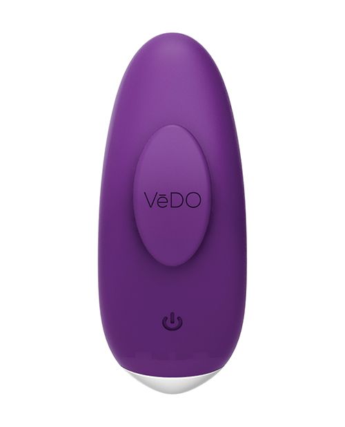 Front view of the panty vibe with the stay put magnet and power button (purple).