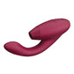 Side angle shot of the Womanizer Duo 2, from Wow Tech, shows its flexible G-spot stimulator, large clitoral stimulator, and easily accessible control buttons (bordeaux).