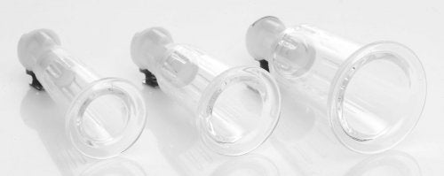 Close-up of the suction cup sizes, lying on their sides so that the opening diameters can be seen.