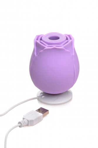 The toy sitting on its magnetic charging base that is connected to the USB charger.