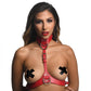 Photo of front facing woman wearing the chest harness (red).