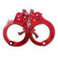 Photo of the Fetish Fantasy Series Anodized Cuffs (metal) from Pipedreams (red) with their keys.