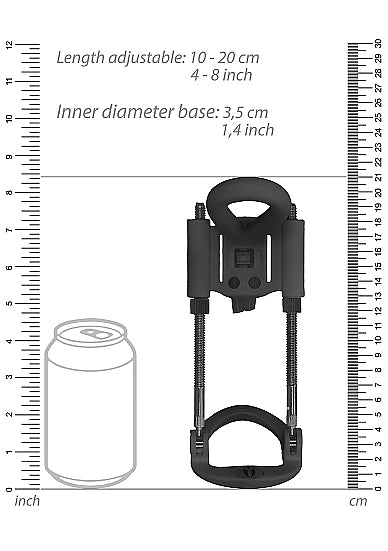 Diagram shows the adjustable length and diameter of the Pumped Silicone Penis Extender from Shots in relation to a soda can.