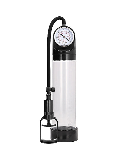 Up-right view of the Pumped Penis Pump showing its gauge and trigger handle (clear).