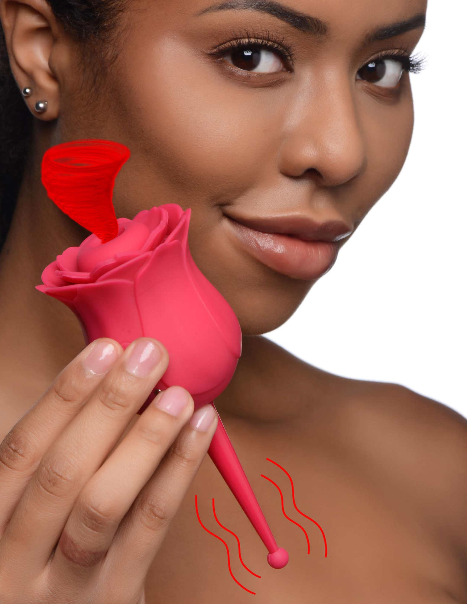 Photo of a woman holding the Bloomgasm Rose Buzz Clit Stimulator from XR Brands with added decals that show the suction of the rose and the vibration of the stem.