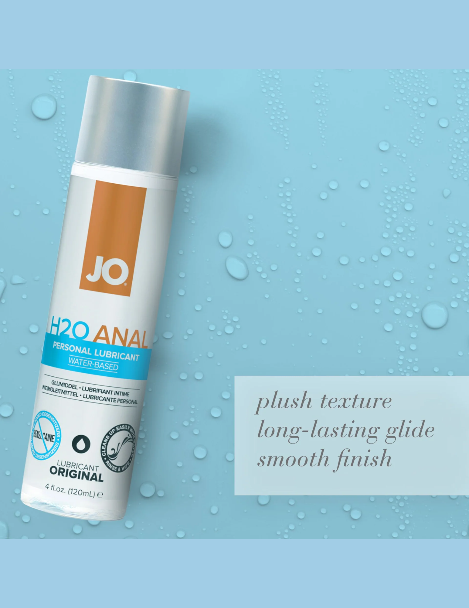 Ad highlighting features of the System JO H2O Anal Water- Based Lubricant.