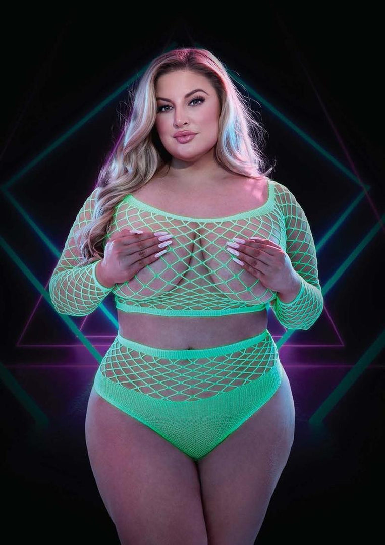 2pc Glow In The Dark Long Sleeve Crop Top and Panty - Glow In The Dark/Green - Queen - Set