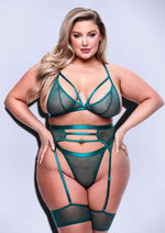 Load image into Gallery viewer, 3 Pc Strappy Bra, Garter and Panty - Green - Queen - Set
