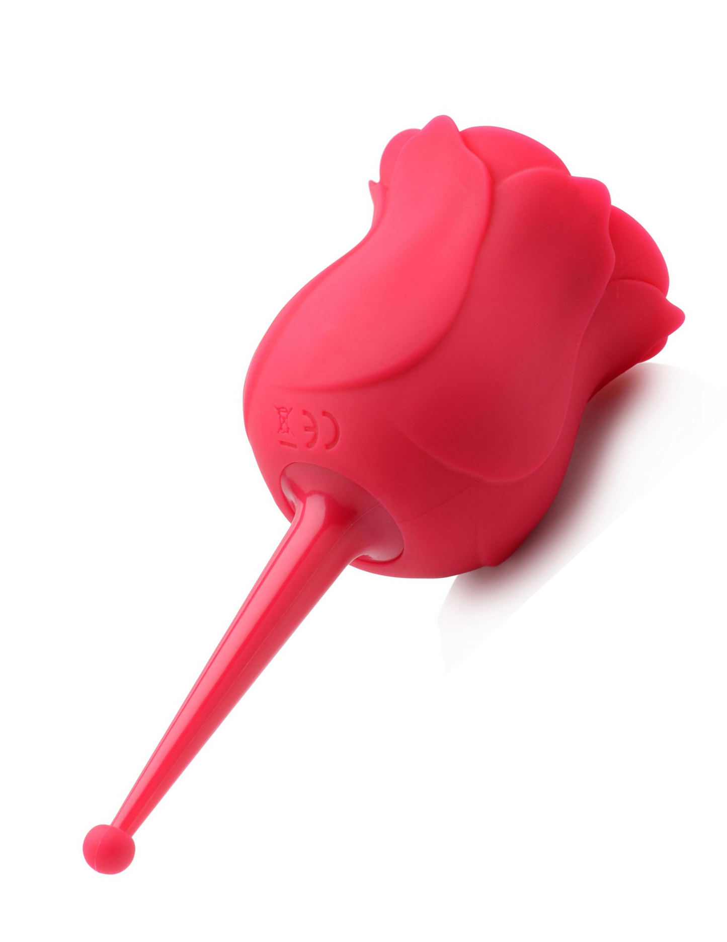 Angled view of the Bloomgasm Rose Buzz Clit Stimulator from XR Brands shows its easy to hold stim which doubles as a pin-point vibrating stimulator.