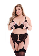 Load image into Gallery viewer, 3pc Eco Peek-A-Aboo Bra Garter Panty - Black - Queen - Set
