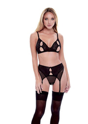 3pc Eco Peek-A-Boo Bra Garter Panty - Black - Medium/Small - Set