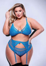Load image into Gallery viewer, 3pc Lace and Mesh Bra Garter Panty - Blue - Queen - Set
