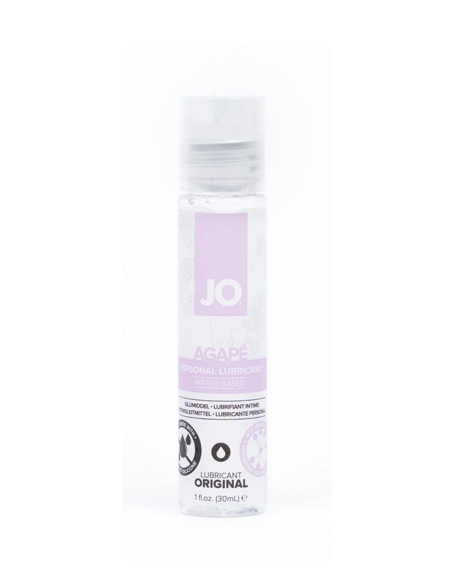 Front photo of the bottle of System JO Agape Water Based Lubricant, 1oz..