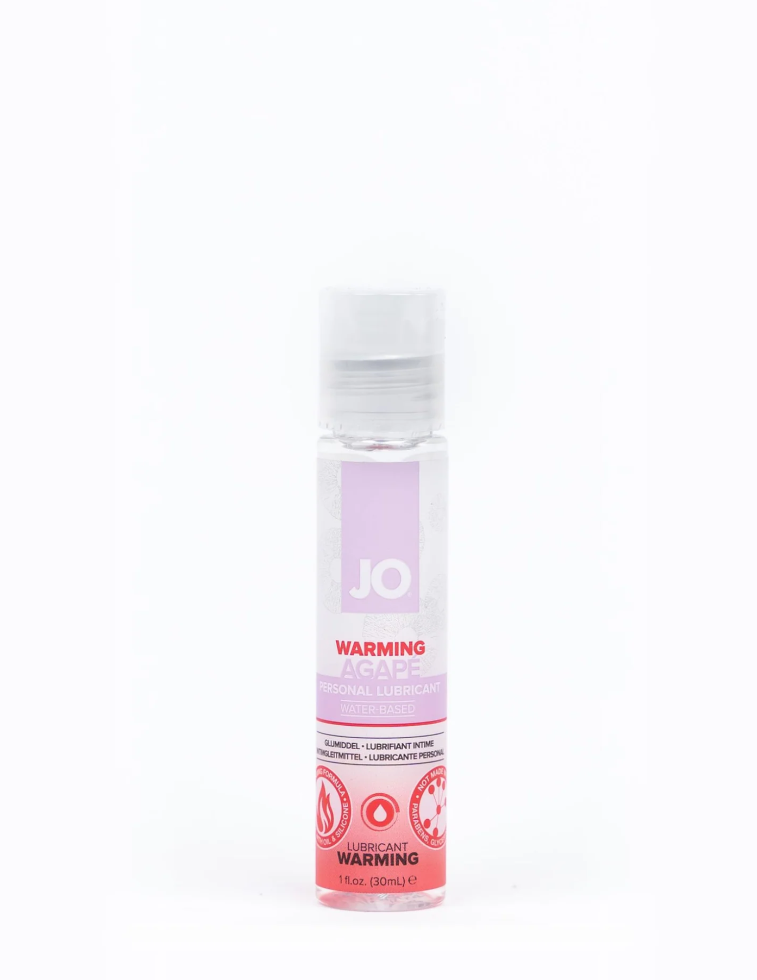 Photo of the front of the System Jo Agape Warming Water Based Lubricant bottle.