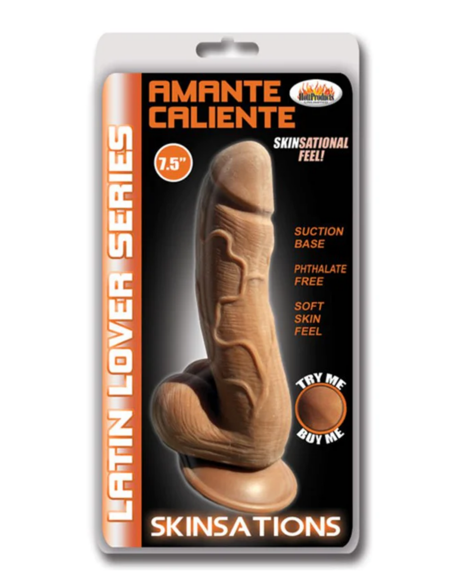 Photo of the dildo and package for Skinsations Amante Caliente Dildo from Hott Products