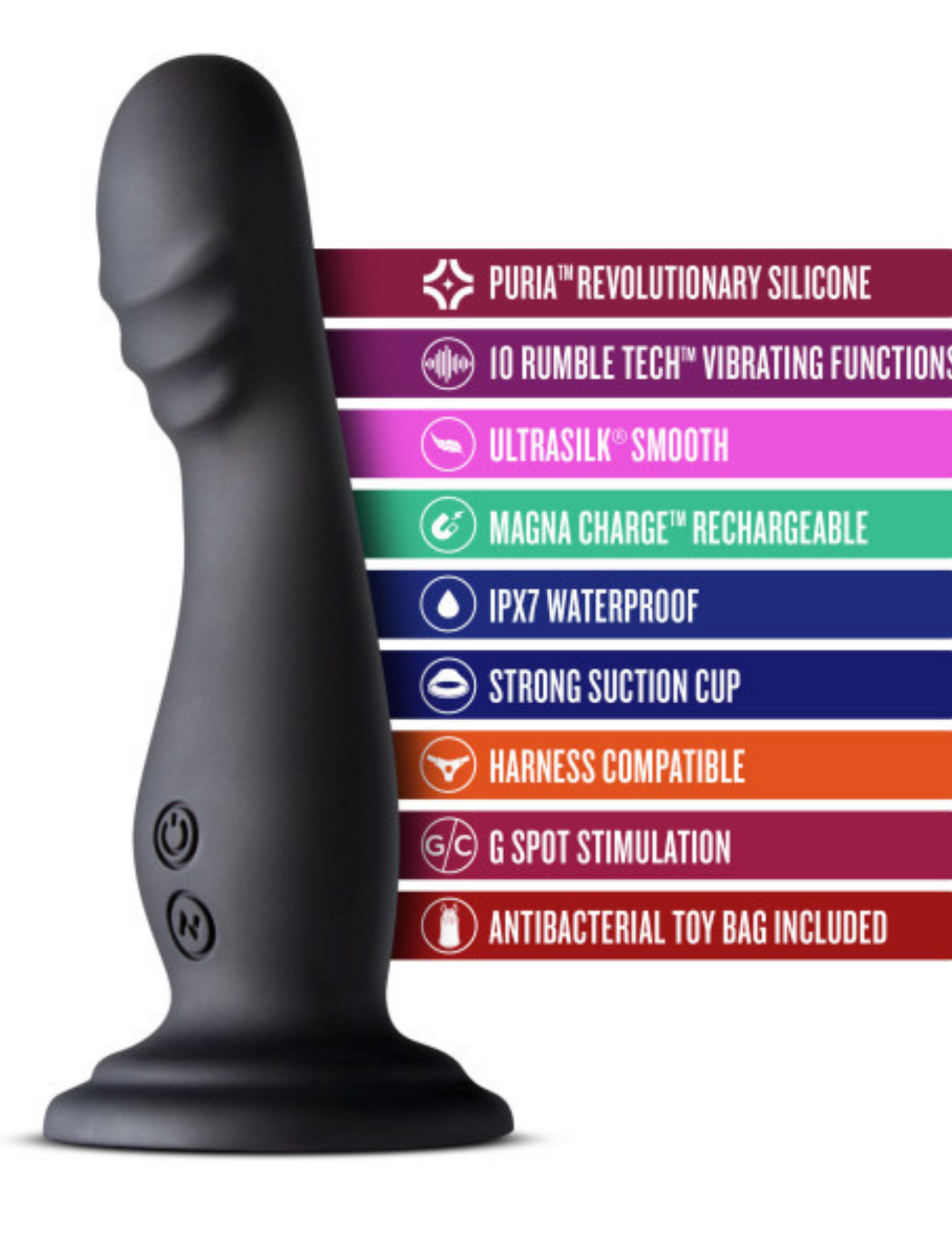 Image shows the Impressions Amsterdam Vibrator from Blush (black) and highlights its features as noted on the description page.