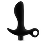 Side view of the Anal Adventures Platinum Rechargeable Vibrating Prostate Massager from Blush shows its small size, ring for easy removal and anchor base for comfort while wearing.