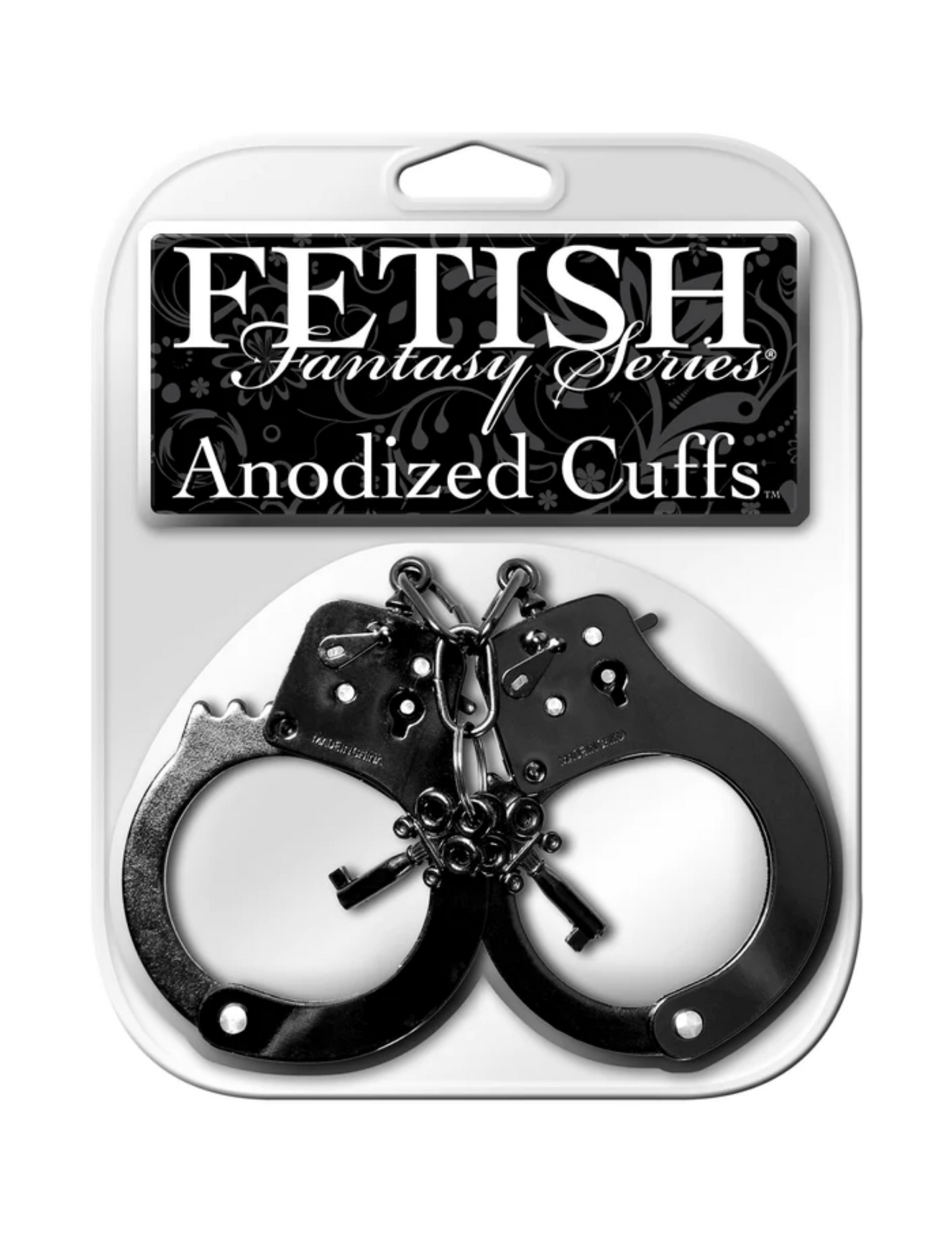 Photo of the Fetish Fantasy Series Anodized Cuffs (metal) from Pipedreams (black) in their package.