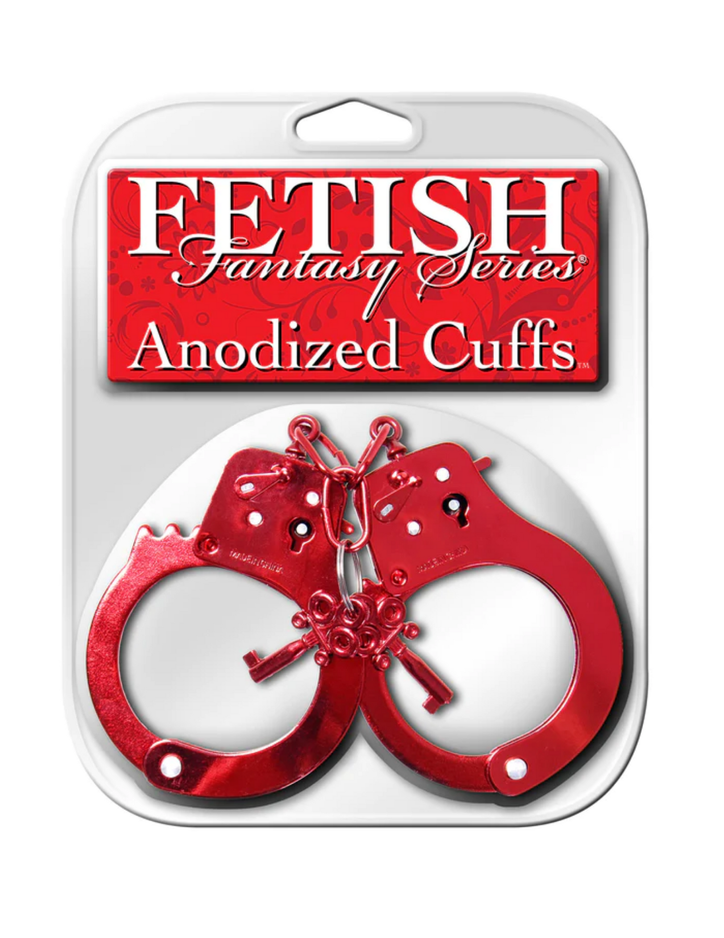 Photo of the Fetish Fantasy Series Anodized Cuffs (metal) from Pipedreams (red) in their package.