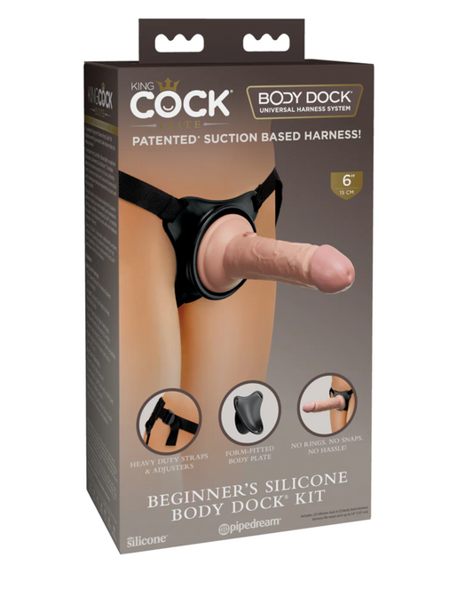 Photo of the front of the box for the King Cock Beginner's Body Dock Strap-On Kit w/ Dildo from Pipedreams (black/vanilla).