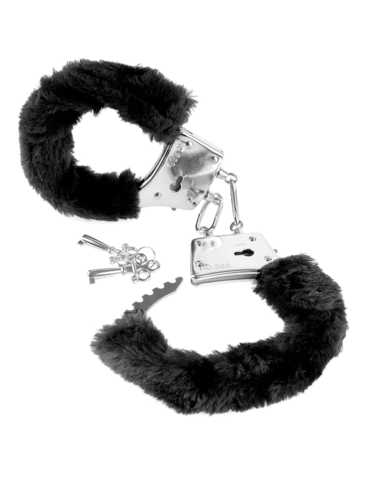 Photo of the Fetish Fantasy Series Beginner's Furry Cuffs from Pipedreams (black) and their keys.