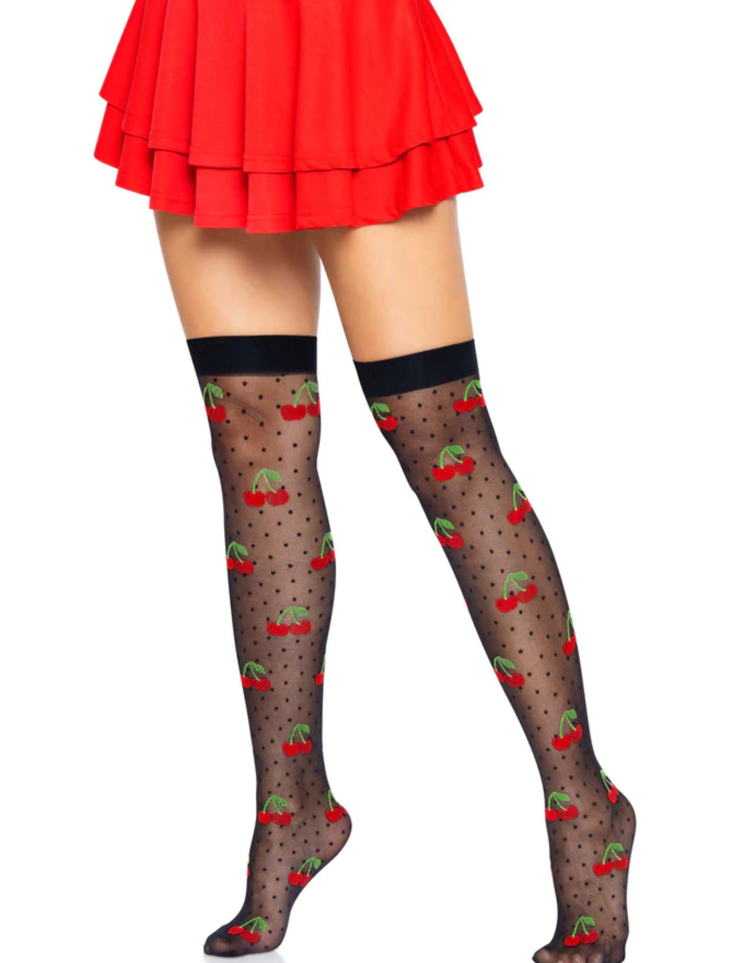 Leg Avenue sheer polka dot thigh highs with cherry accents. Front view. Black.
