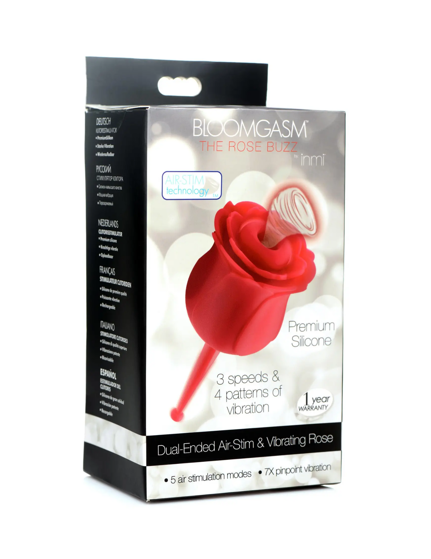 Photo of the front of the box for the Bloomgasm Rose Buzz Clit Stimulator from XR Brands.