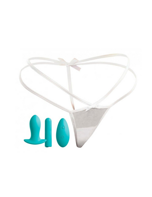 Photo shows what is included in the Hookup® Panties - Silicone Rechargeable Bowtie G-String Panty Vibe w/ Remote Control set from Pipedreams. 