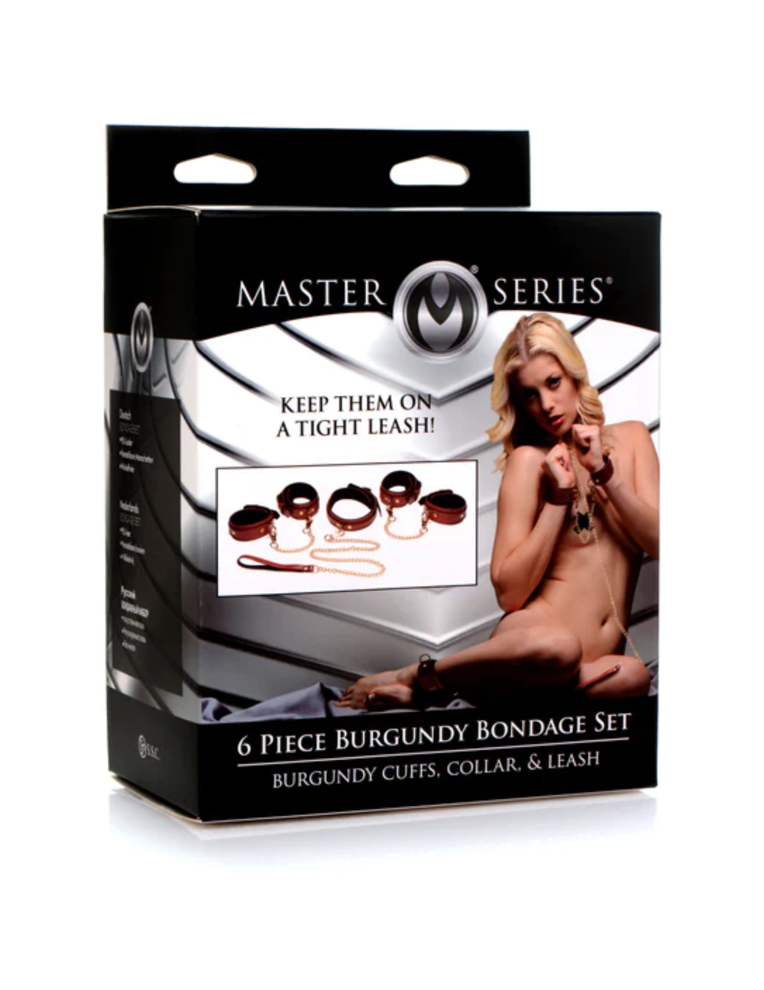 Photo of the box for the  Burgundy 6pc Bondage Set from Master Series and XR Brands.