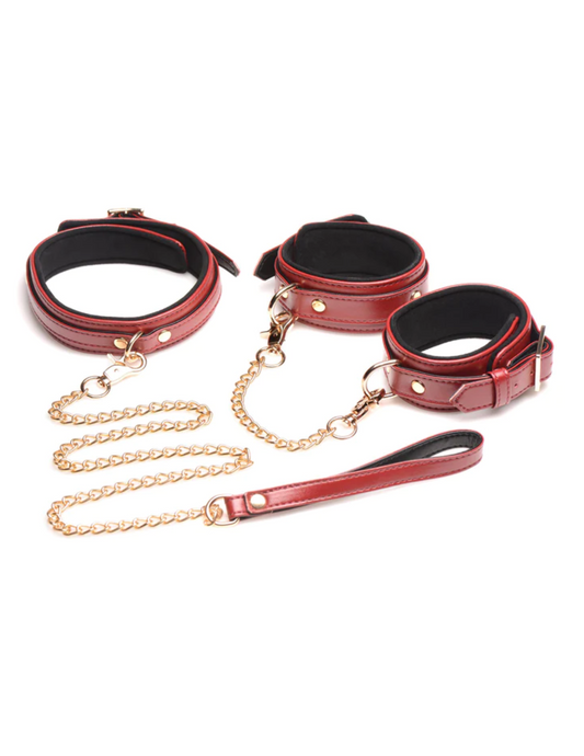 Image shows the collar/leash and cuffs from the Burgundy 6pc Bondage Set from Master Series and XR Brands.