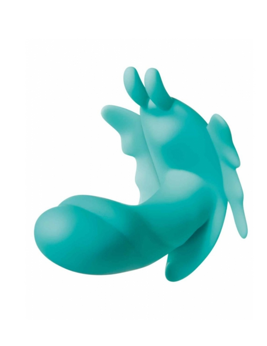 Side angle view of the Butterfly Effect Rechargeable Silicone Dual Motor Vibrator from Evolved. Remote not shown. Image shows the large and bulbous G-spot massager and detailed clit stimulator.