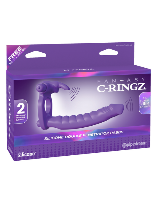 Photo of the front of the box for the Fantasy C-Ringz Silicone Double Penetrator Rabbit Cock Ring from Pipedreams (purple).