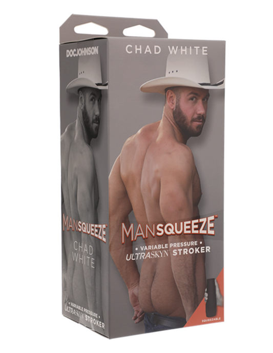 Photo of the box for the Chad White Man Squeeze Ultraskyn Masturbator from Doc Johnson.