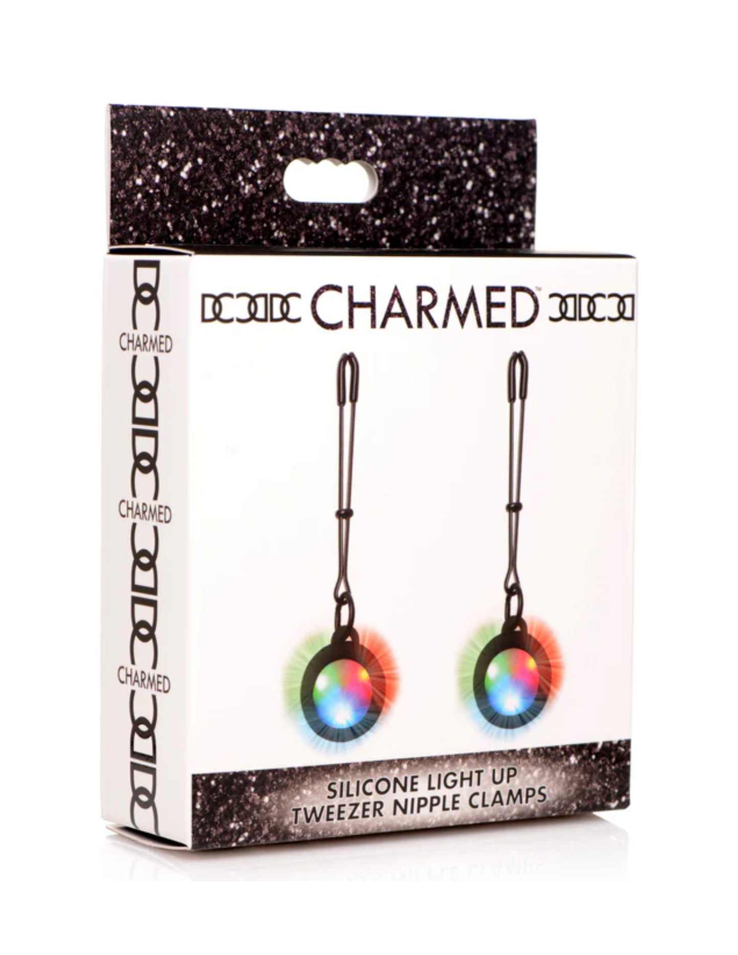 Charmed Silicone Light-up Tweezer Nipple Clamps (in black) in package.