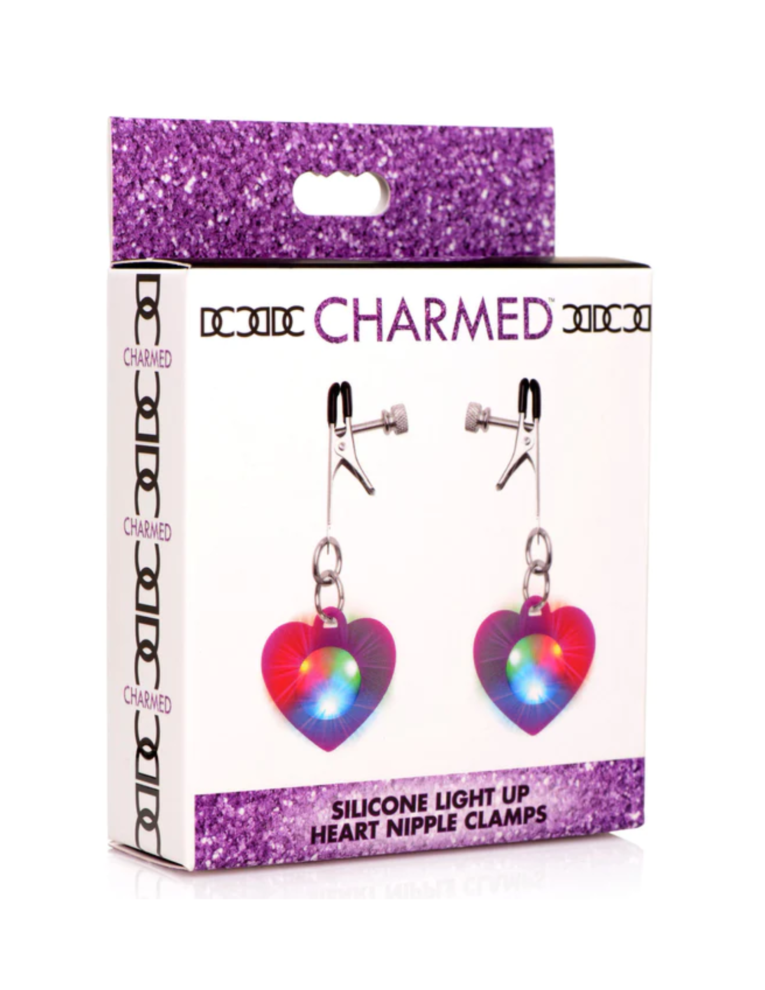 Charmed Silicone Light-Up Heart Nipple Clamps (purple) in package.