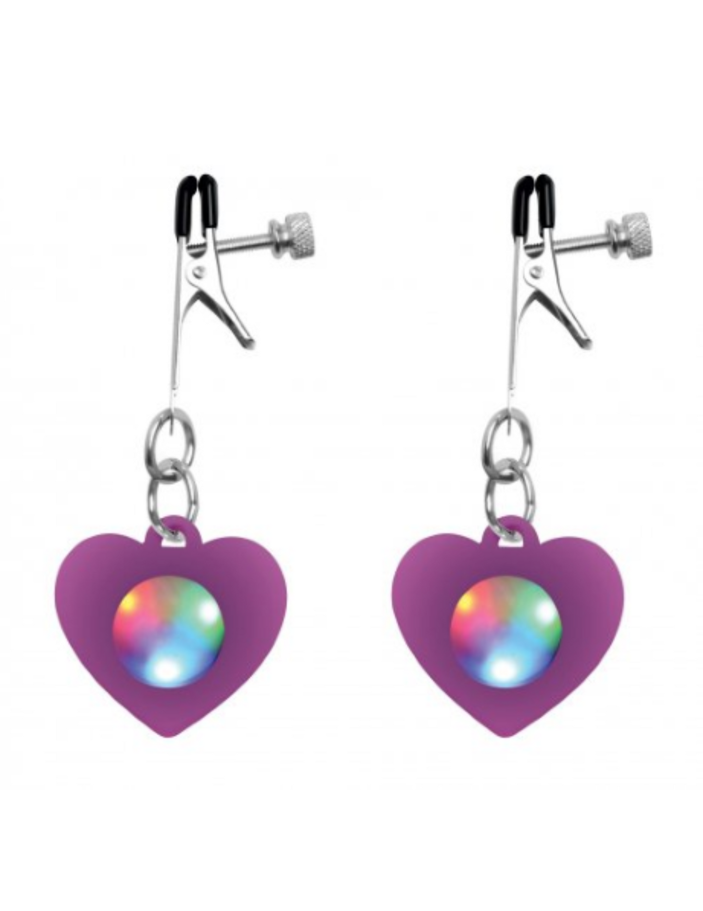 Purple heart LED nipple clamps with white background.