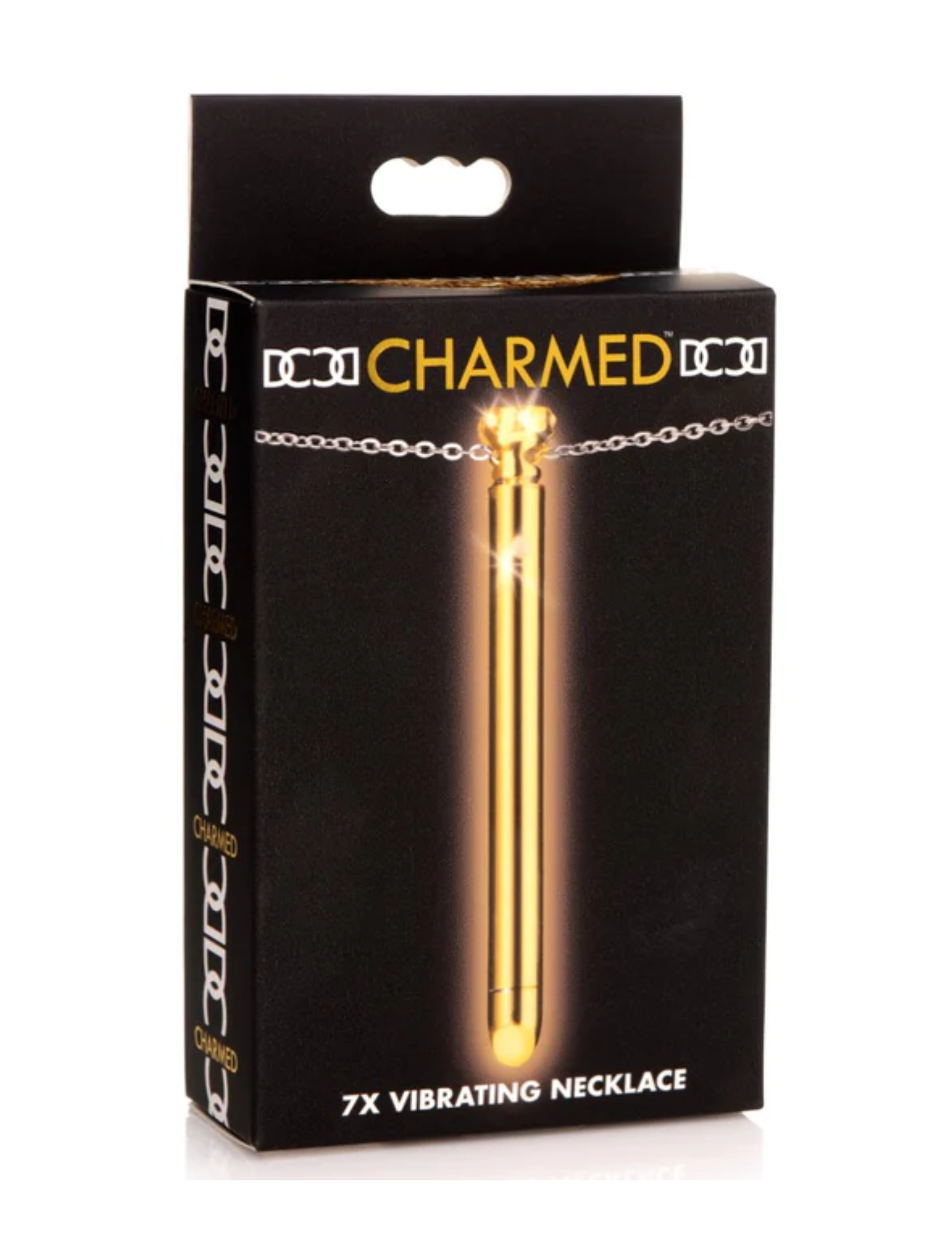 Photo for the box from the gold Charmed Vibrating Necklace from XR Brands.