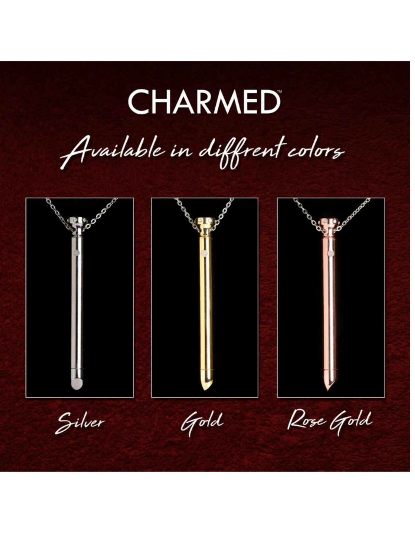 Photo shows all of the options for the Charmed Vibrating Necklaces from XR Brands.