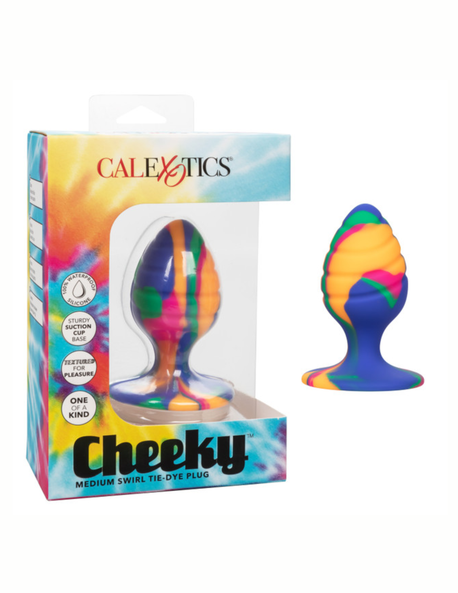 Photo shows the Cheeky Swirl Tie Dye Silicone Plug, from CalExotics (medium), next to its box.