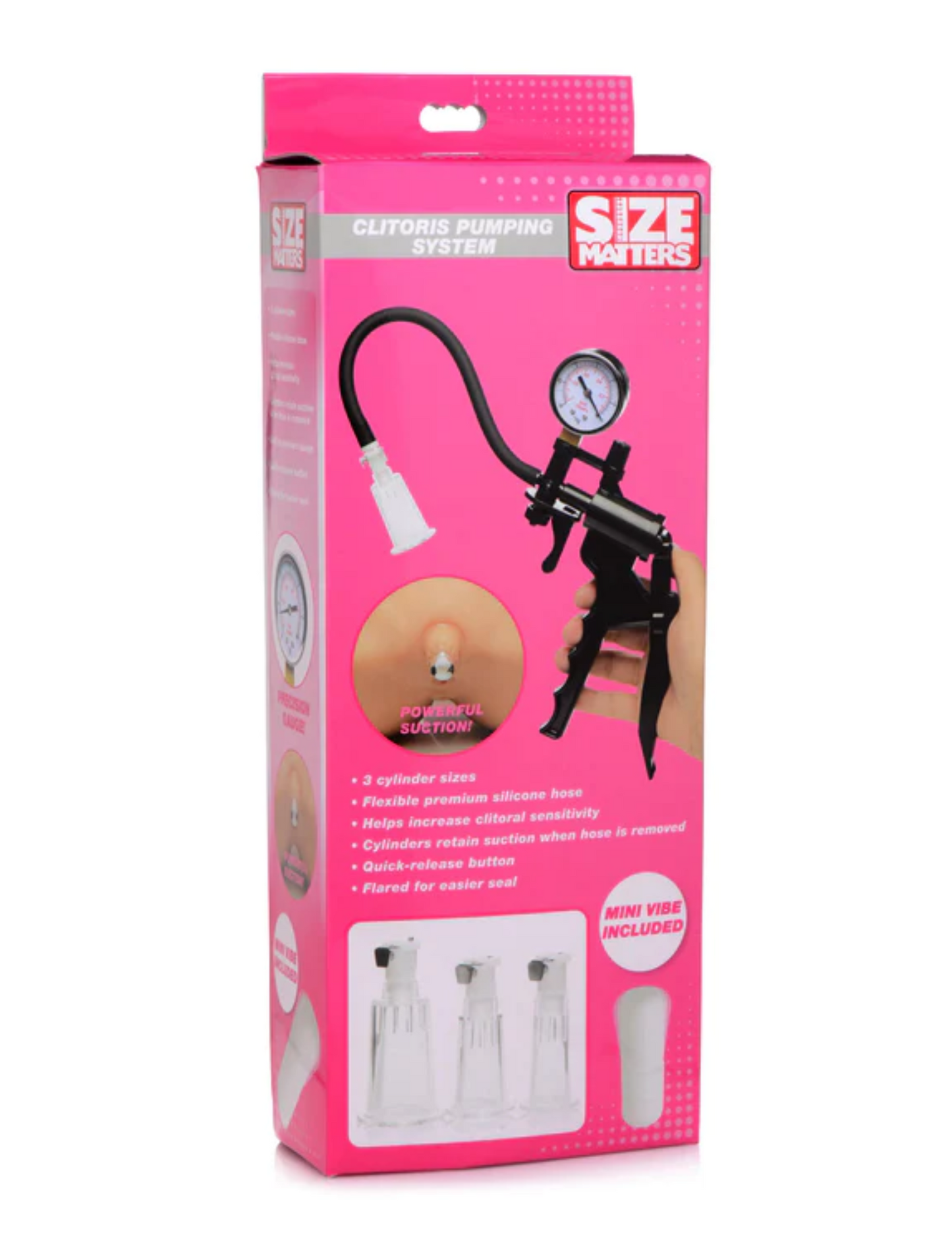 Photo of the front of the box for the  Size Matters Clitoris Pumping System from XR Brands.