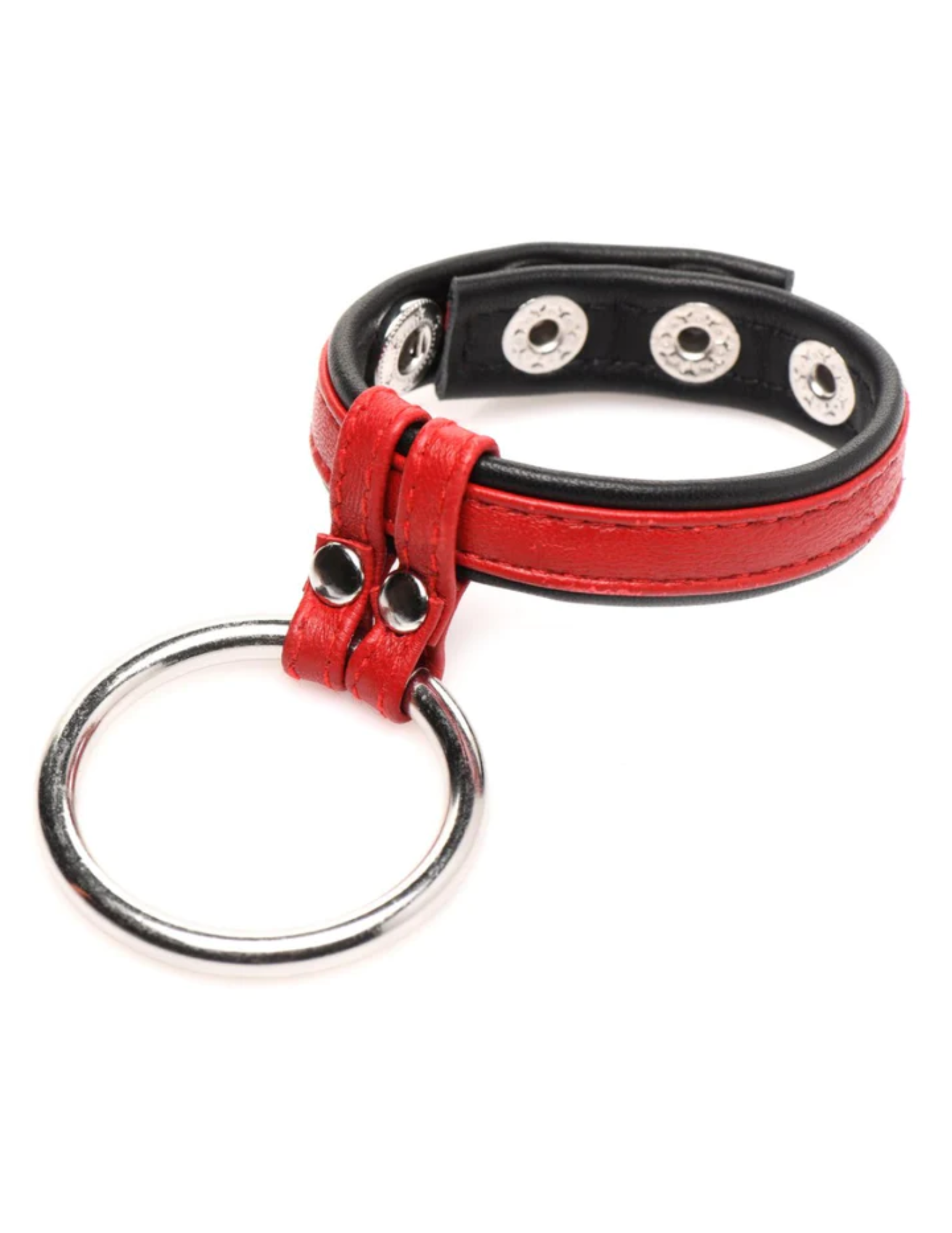Full view of the Strict Cock Gear Leather and Steel Cock and Ball Ring by XR Brands shows off its sturdy design.