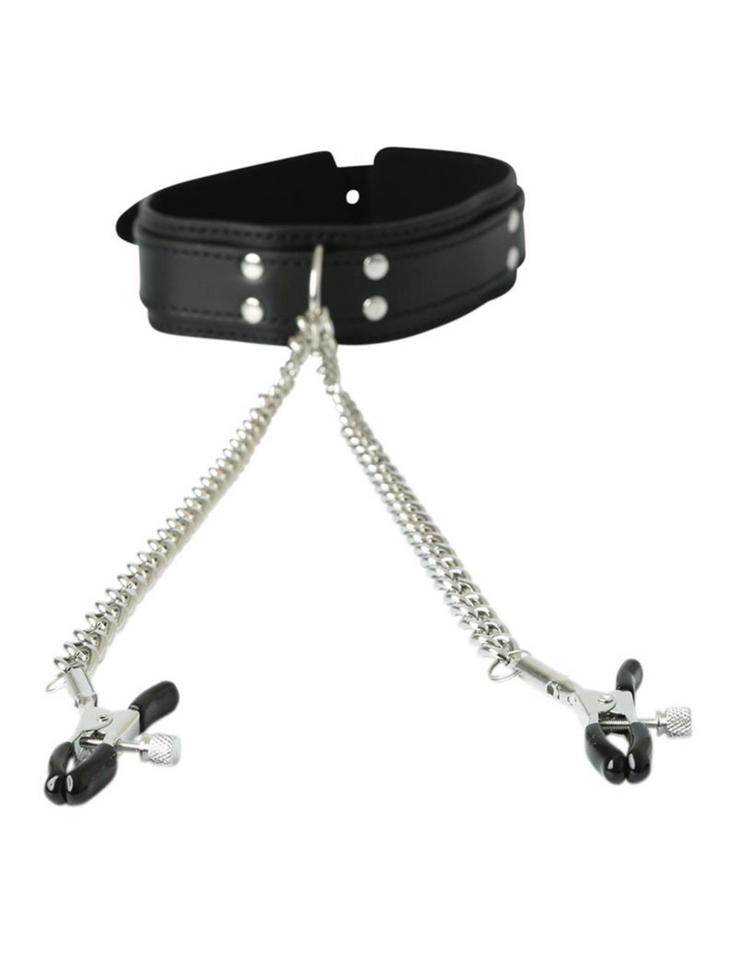 Over-head photo of the collar and chained nipple clamps show their size.