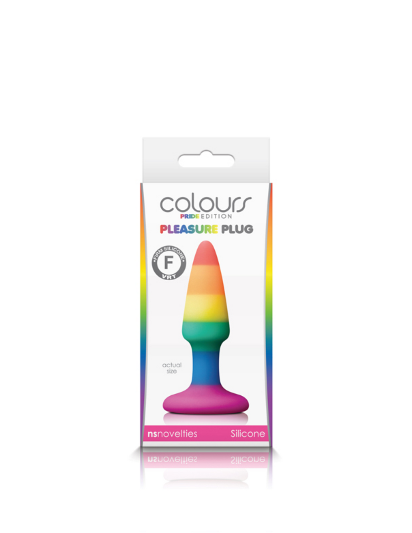 Photo of the front of the box for the Colours Pleasure Plug Mini from NS Novelties (rainbow).