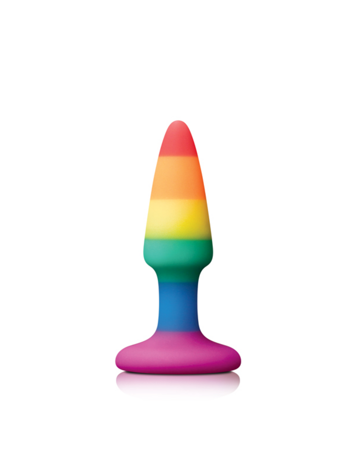 Front view of the Colours Pleasure Plug Mini from NS Novelties (rainbow) shows its small size and wide base.