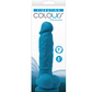 Photo of the front of the box for the olours Pleasures Silicone Vibrating Dildo from NS Novelties (blue).
