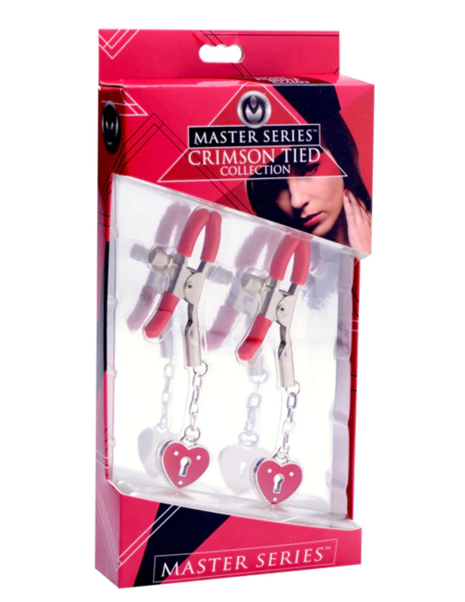 Master Series Crimson Tied Collection Captive Heart Padlock Nipple Clamps (red) in package.
