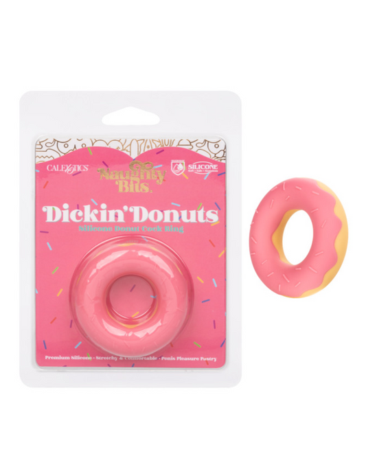 Photo of the Naughty Bits Dickin Doughnuts Cock Ring (pink), from CalExotics, next to its package.
